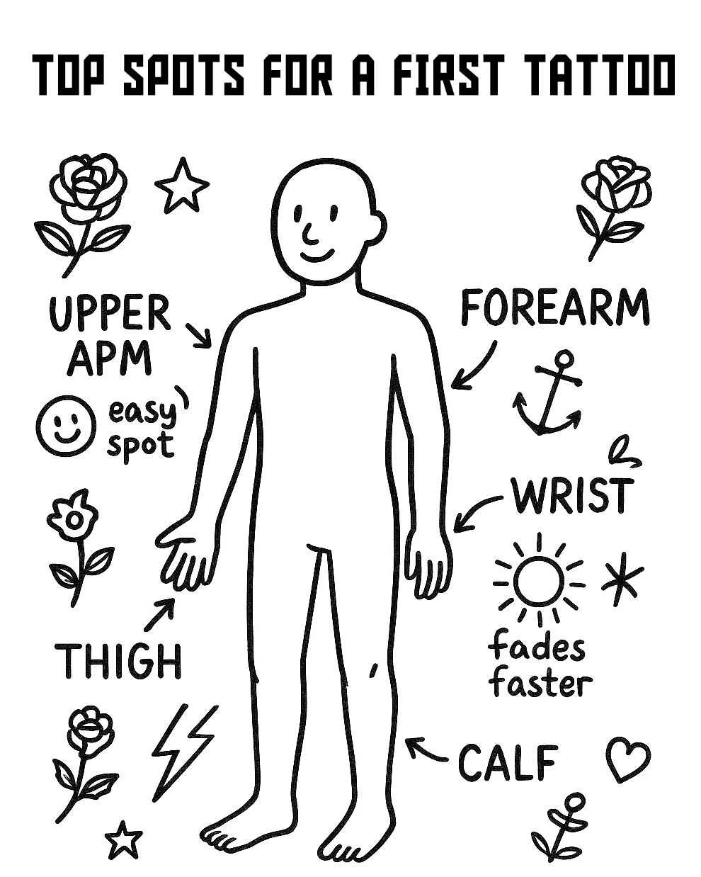 Illustration showing best placement options for a first tattoo such as upper arm, forearm, wrist, thigh, and calf with notes, from COZ Tattoo Supplies.