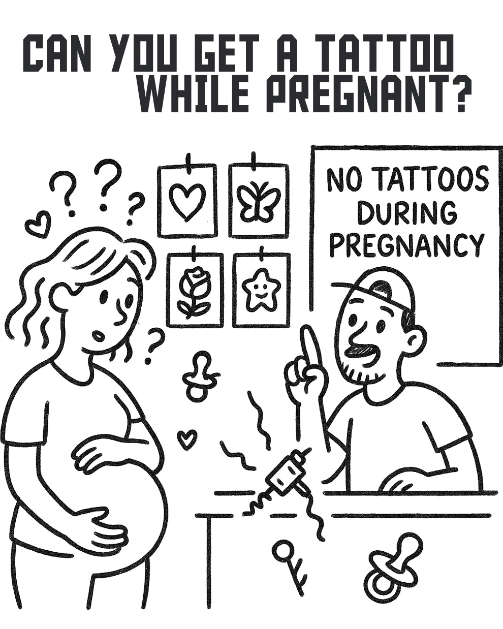 Illustration of a pregnant woman asking about tattoos with a tattoo artist explaining "No tattoos during pregnancy" – created for COZ Tattoo Supplies blog article on tattoo safety during pregnancy.