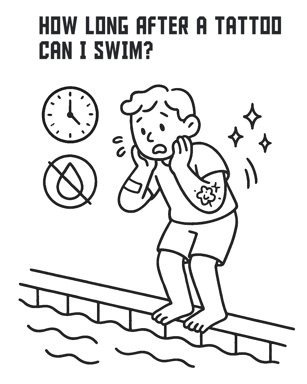 Illustration of a worried person with a fresh tattoo standing by a pool, with clock, no-water symbol, and healed tattoo sparkles — COZ Tattoo Supplies blog guide on how long after a tattoo you can swim.