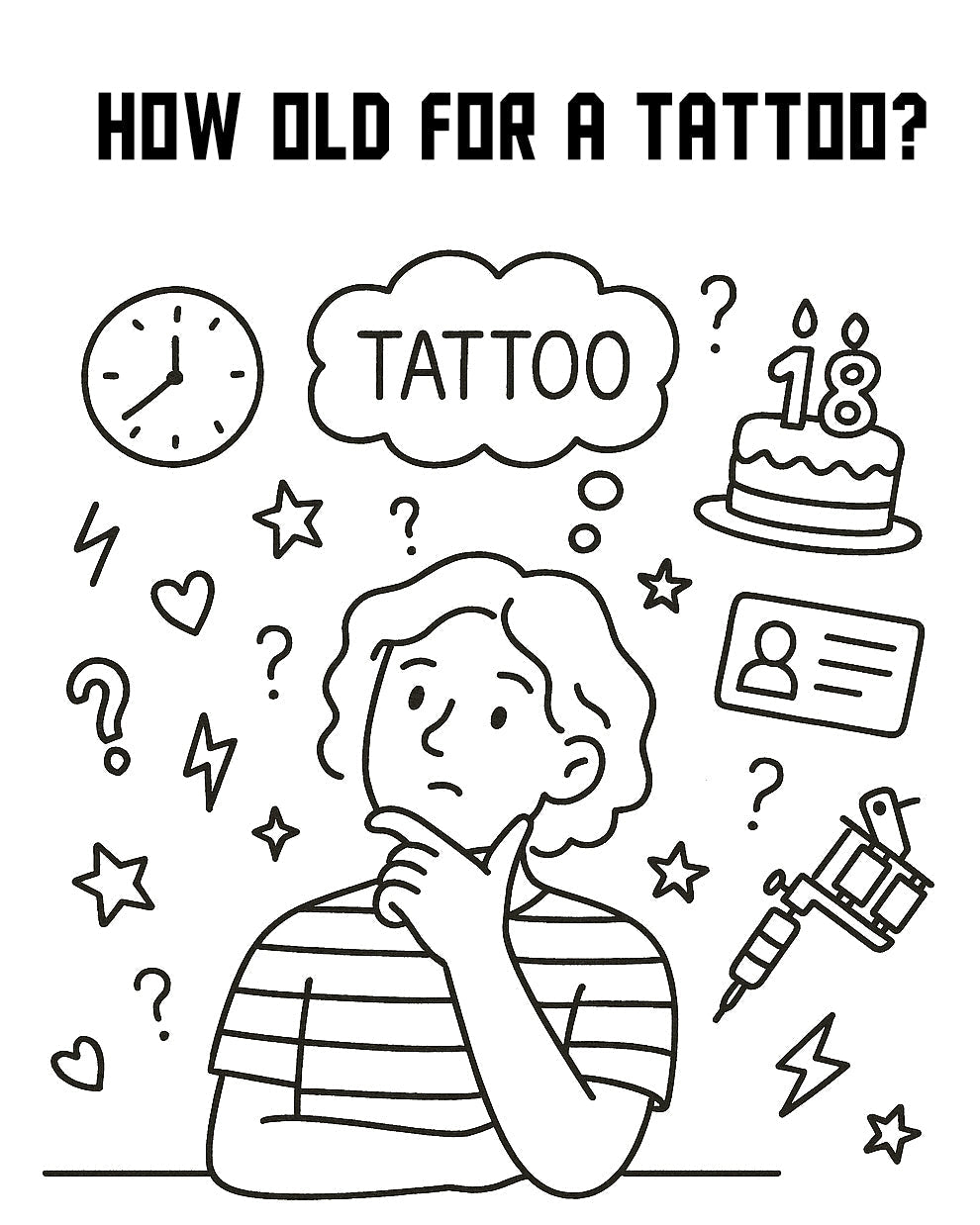 Illustration of a young person thinking about getting a tattoo, with doodle icons like “18” birthday cake, ID card, clock, and tattoo machine, from COZ Tattoo Supplies blog about tattoo age laws.