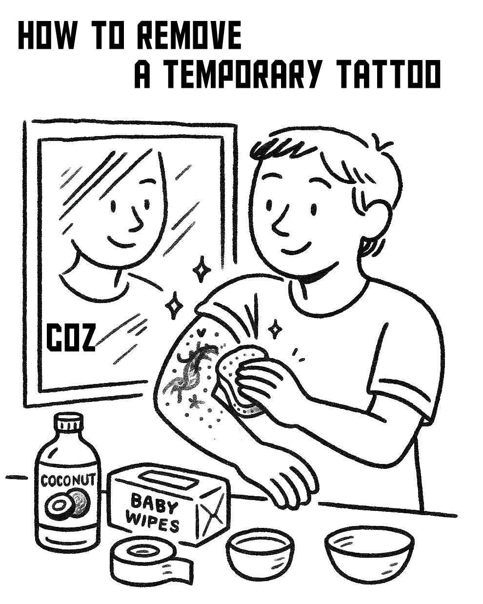 Illustration showing how to remove a temporary tattoo safely using coconut oil and baby wipes by Coz Tattoo Supplies without irritating the skin
