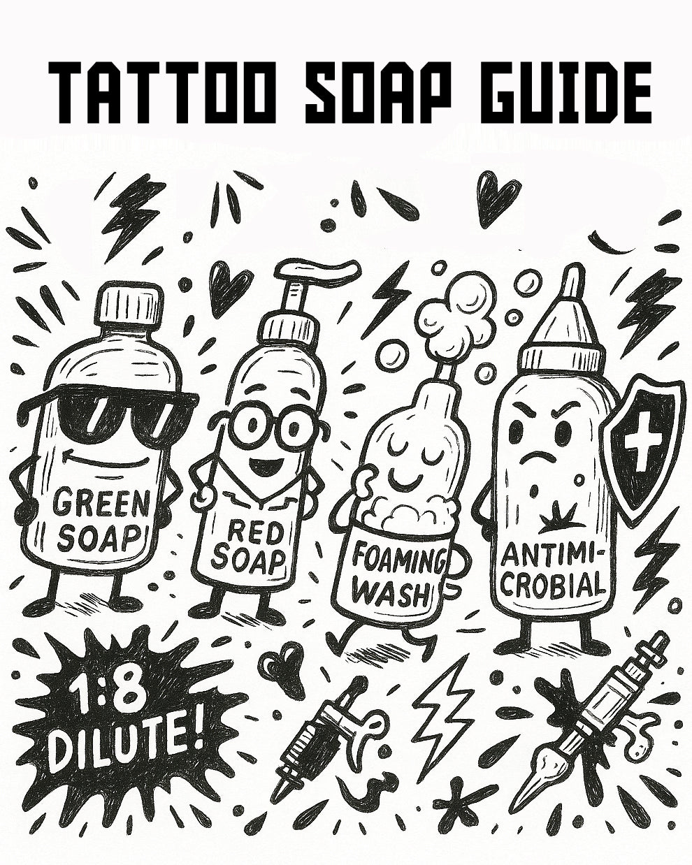Hand-drawn doodle-style illustration of four tattoo soap bottles with cartoon faces: "Green Soap" wearing sunglasses, "Red Soap" with glasses, "Foaming Wash" smiling with bubbles, and "Antimicrobial" looking serious with a shield. 