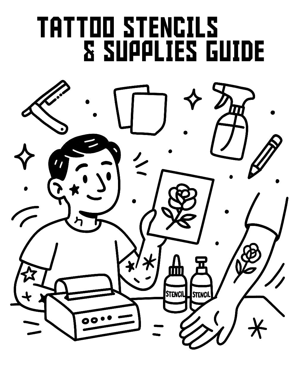 Tattoo artist preparing a stencil with paper, stencil ink, and transfer supplies, perfect for COZ Tattoo Supplies online shop.