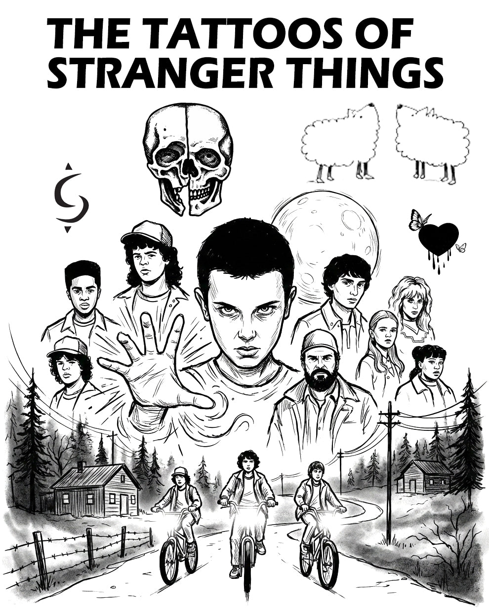 Black and white hand-drawn illustration inspired by Stranger Things, featuring Eleven and the main characters, iconic tattoo symbols like 011, skull, heart, and sheep, styled as tattoo flash artwork for a blog article by COZ Tattoo Supplies