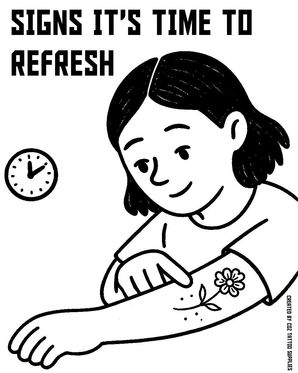 Illustration showing a person examining a slightly faded tattoo and considering a touch-up.