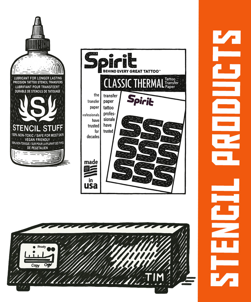 Stencil products including Spirit thermal transfer paper, Stencil Stuff gel, and TIM thermal copier – COZ Tattoo Supplies Canada.