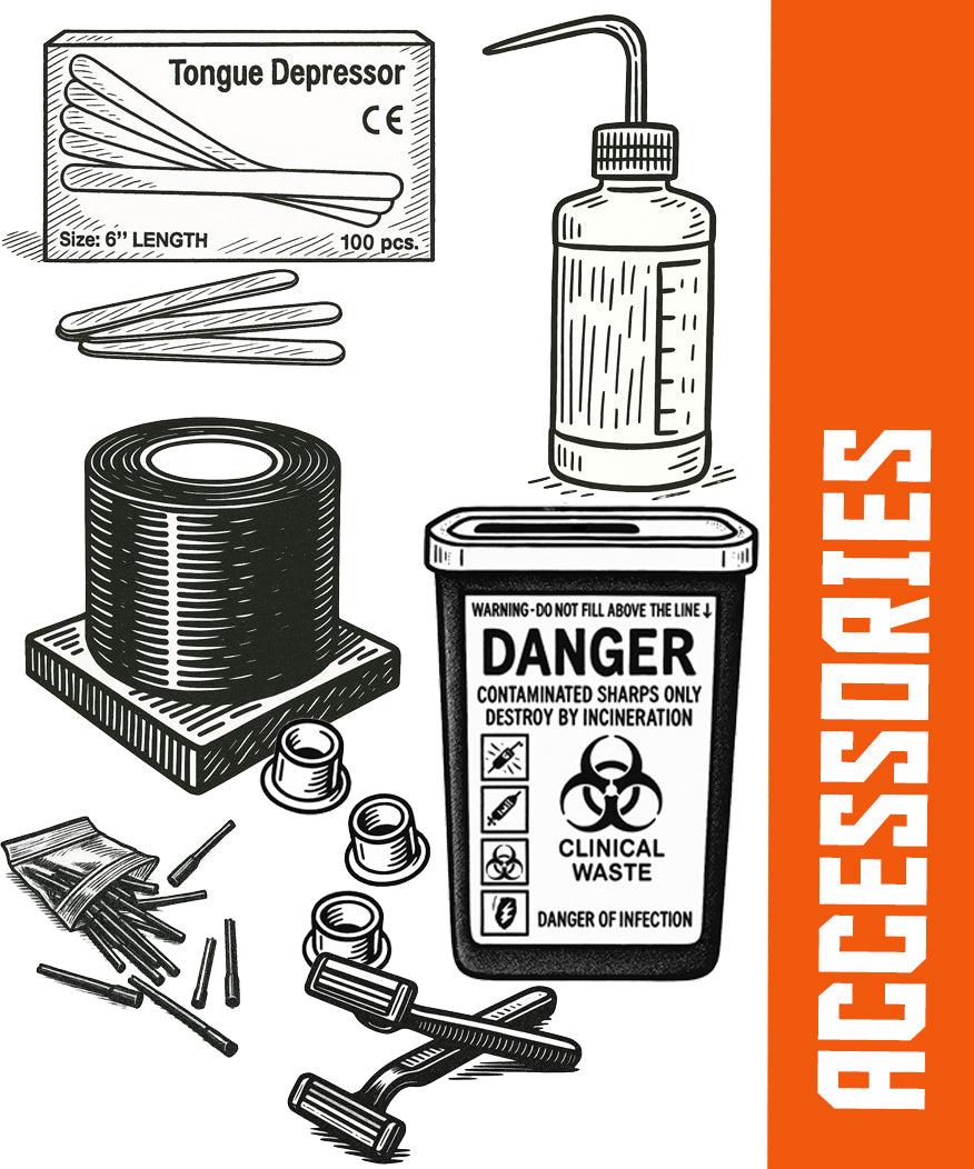 Illustration of tattoo accessories including tongue depressors, squeeze bottle, barrier film roll, sharp container, and ink caps – COZ Tattoo Supplies.