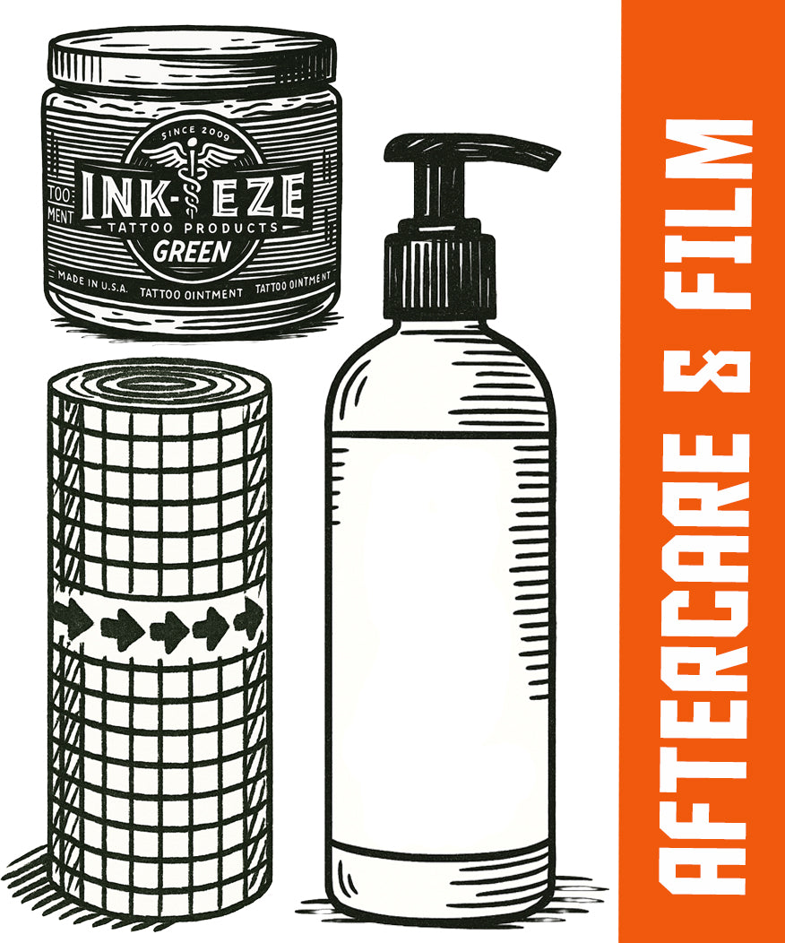 Illustration of tattoo aftercare supplies including ointment, film roll, and pump bottle, with vertical 'Aftercare & Film' label in orange.