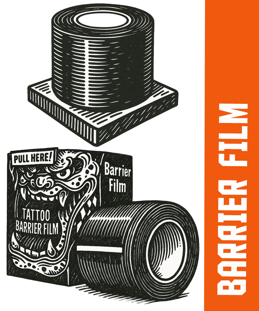 Illustration of tattoo barrier film rolls and packaging box labeled 'Tattoo Barrier Film' used for hygienic surface protection in tattoo studios.