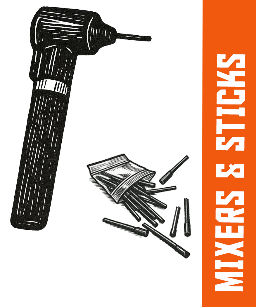 Illustration of tattoo ink mixer and disposable mixing sticks with orange 'Mixers & Sticks' label – tools for blending tattoo pigments.