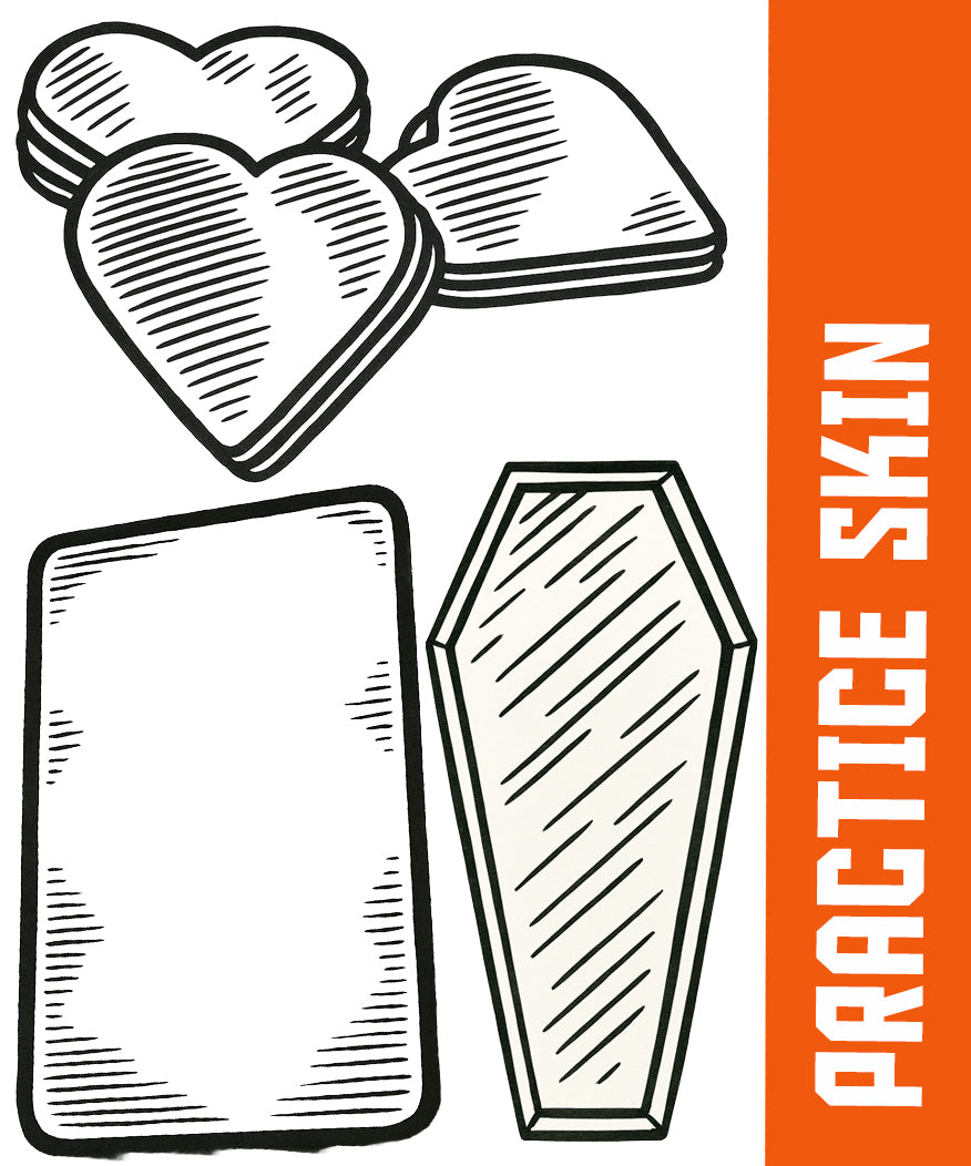 Illustration of various tattoo practice skin shapes, including hearts, rectangles, and custom forms, with "PRACTICE SKIN" label on the side.