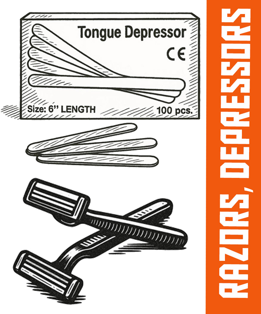 Illustration of tattoo prep tools including tongue depressors and razors, labeled 'Razors, Depressors' on an orange banner.