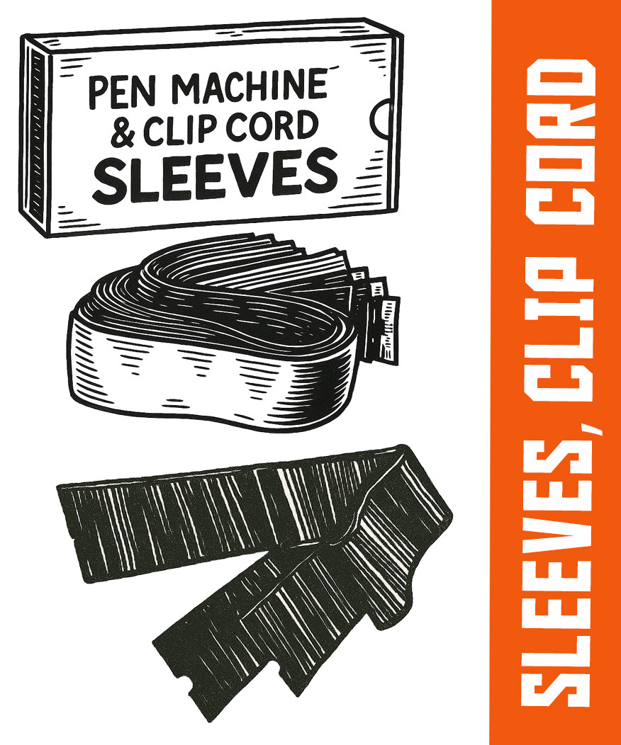 Illustration of disposable tattoo sleeves for pen machines and clip cords, including a box and two coiled protective sleeves, labeled "SLEEVES, CLIP CORD".