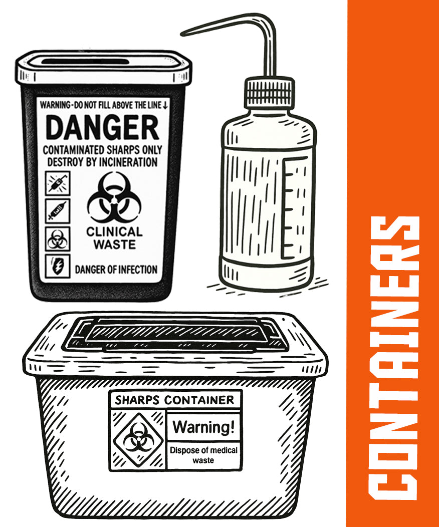 Illustration of tattoo squeeze bottle and sharps containers labeled 'Danger' and 'Containers' – used for hygienic storage and disposal in tattoo studios