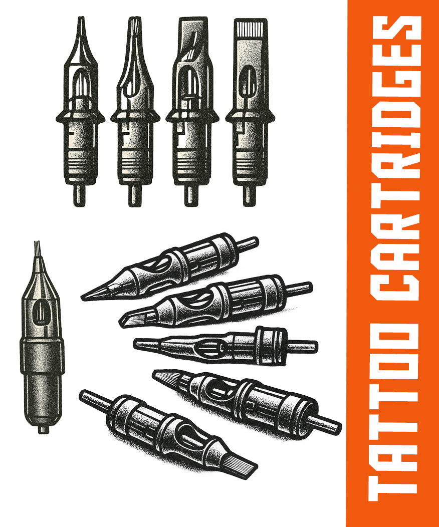 Various professional tattoo cartridge needles including Round Liner, Round Shader, Magnum, Curved Magnum, and Flat Liner – premium tattoo cartridges for artists in Canada.
