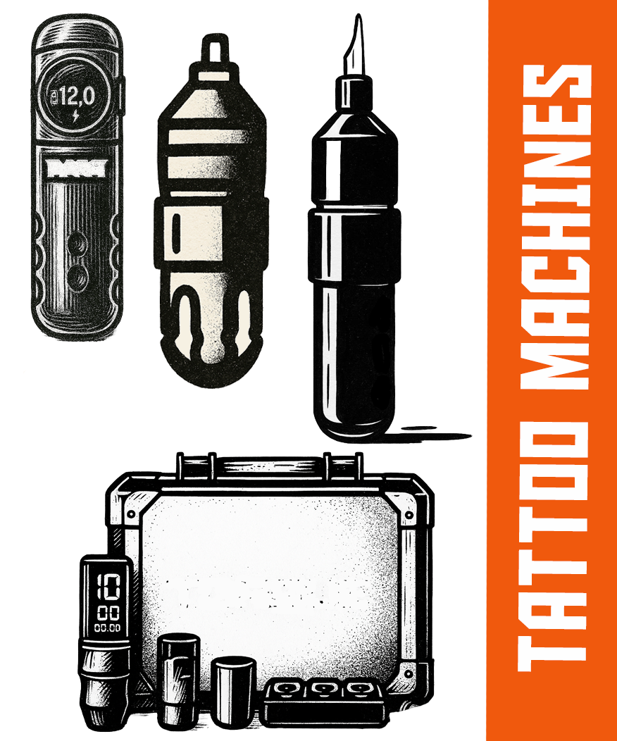 Illustration of various tattoo machines including rotary, pen-style, and wireless models — featured in COZ Tattoo Machines collection.