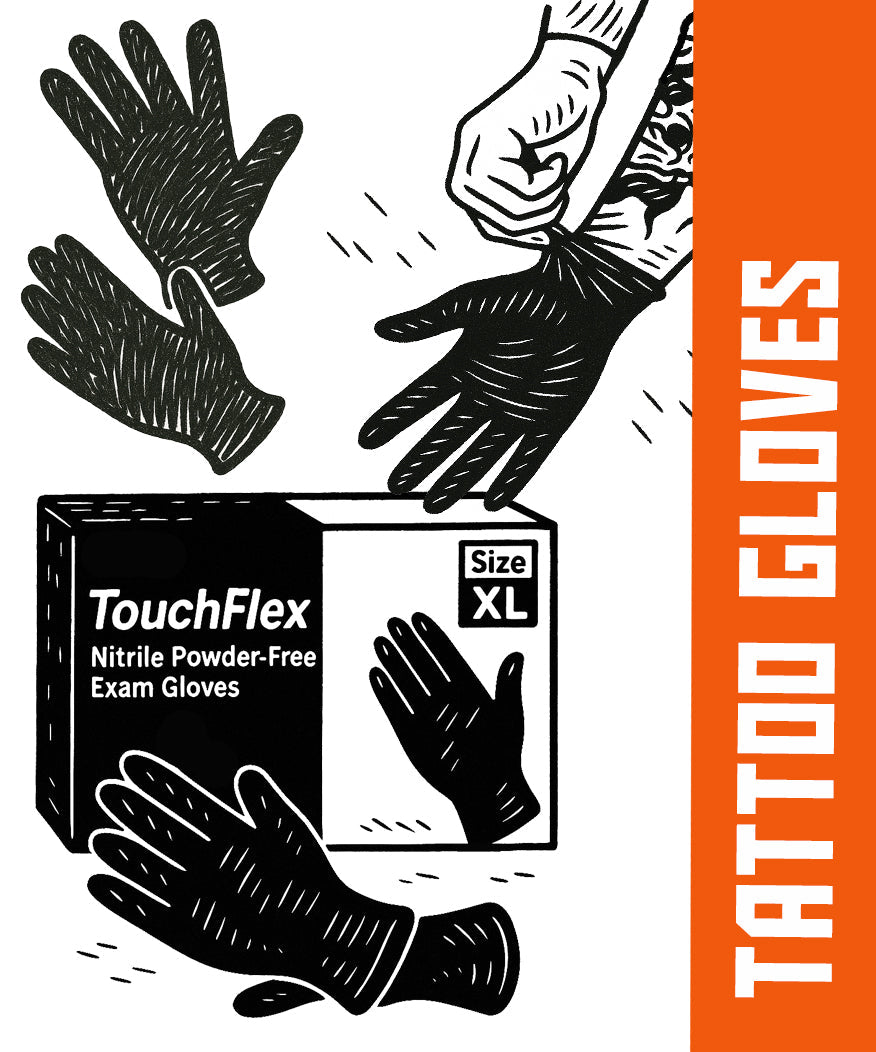 Illustration of disposable black nitrile tattoo gloves and TouchFlex box, designed for professional use in tattoo studios across Canada — powder-free, latex-free protection.