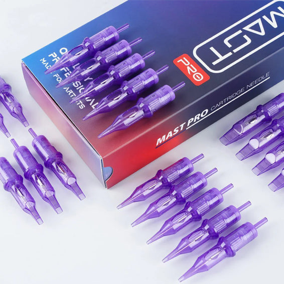 Dragonhawk Mast Pro Tattoo Cartridges – purple tattoo needles for professional use, displayed with branded packaging.
