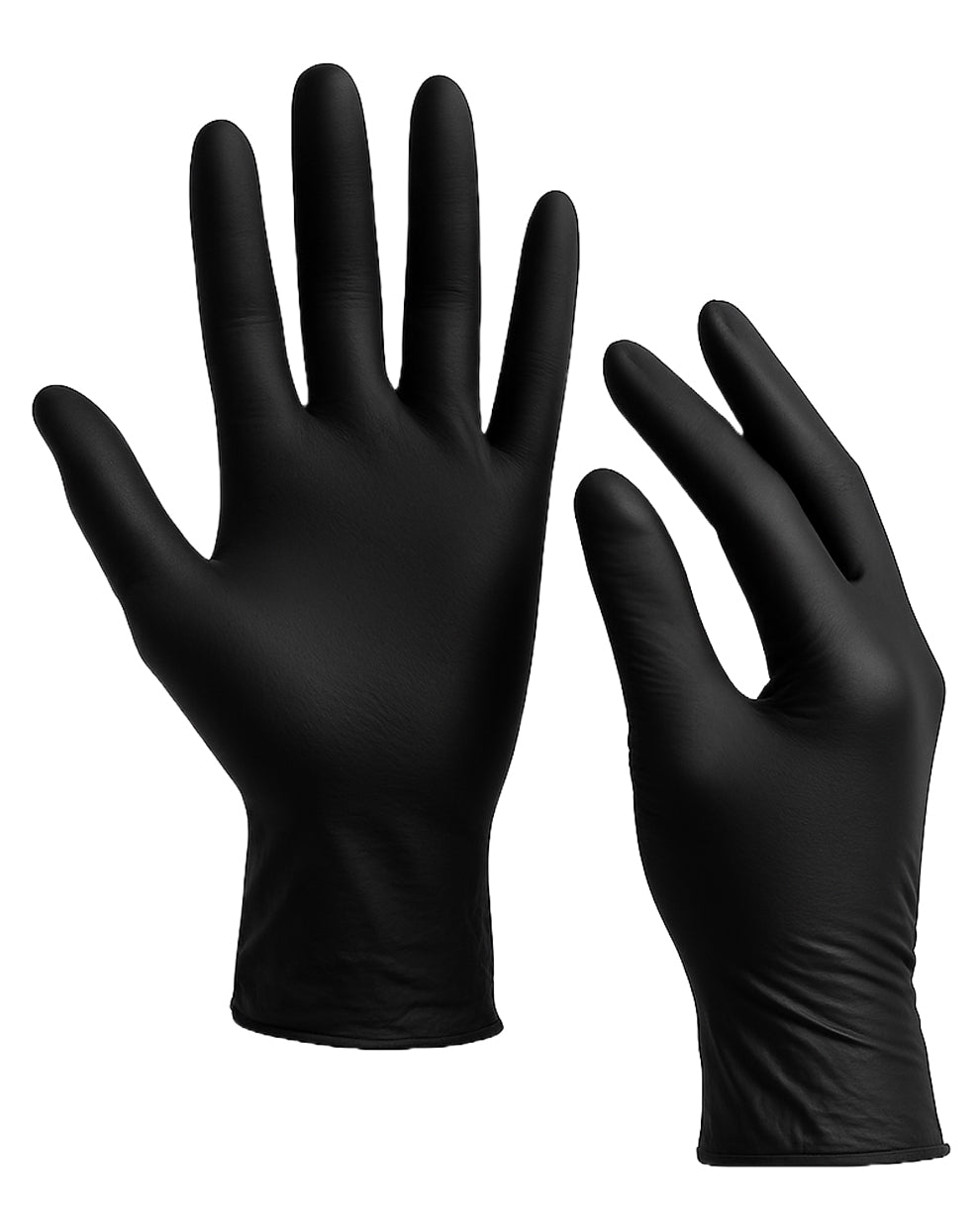 Pair of black disposable nitrile tattoo gloves shown on transparent background – powder-free, latex-free, designed for professional tattoo use.