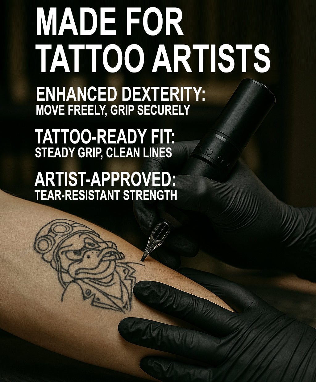 Black nitrile tattoo gloves used during lining session – enhanced dexterity, tear-resistant grip, perfect for professional tattoo artists.