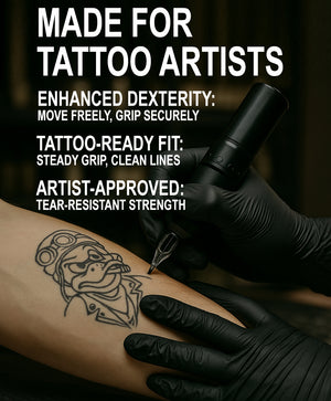 Black nitrile tattoo gloves used during lining session – enhanced dexterity, tear-resistant grip, perfect for professional tattoo artists.