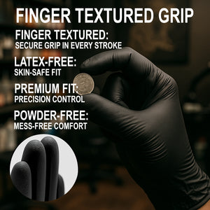 Black disposable nitrile tattoo gloves with finger textured grip – powder-free, latex-free gloves for precision and hygiene in professional tattooing.