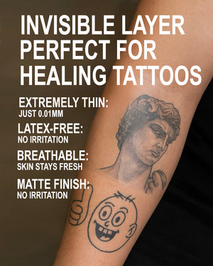 Tattooed arm showing features of COZ Tattoo Film – breathable, latex-free, matte finish.