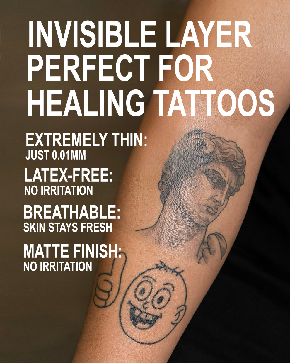 Tattooed arm showing features of COZ Tattoo Film – breathable, latex-free, matte finish.
