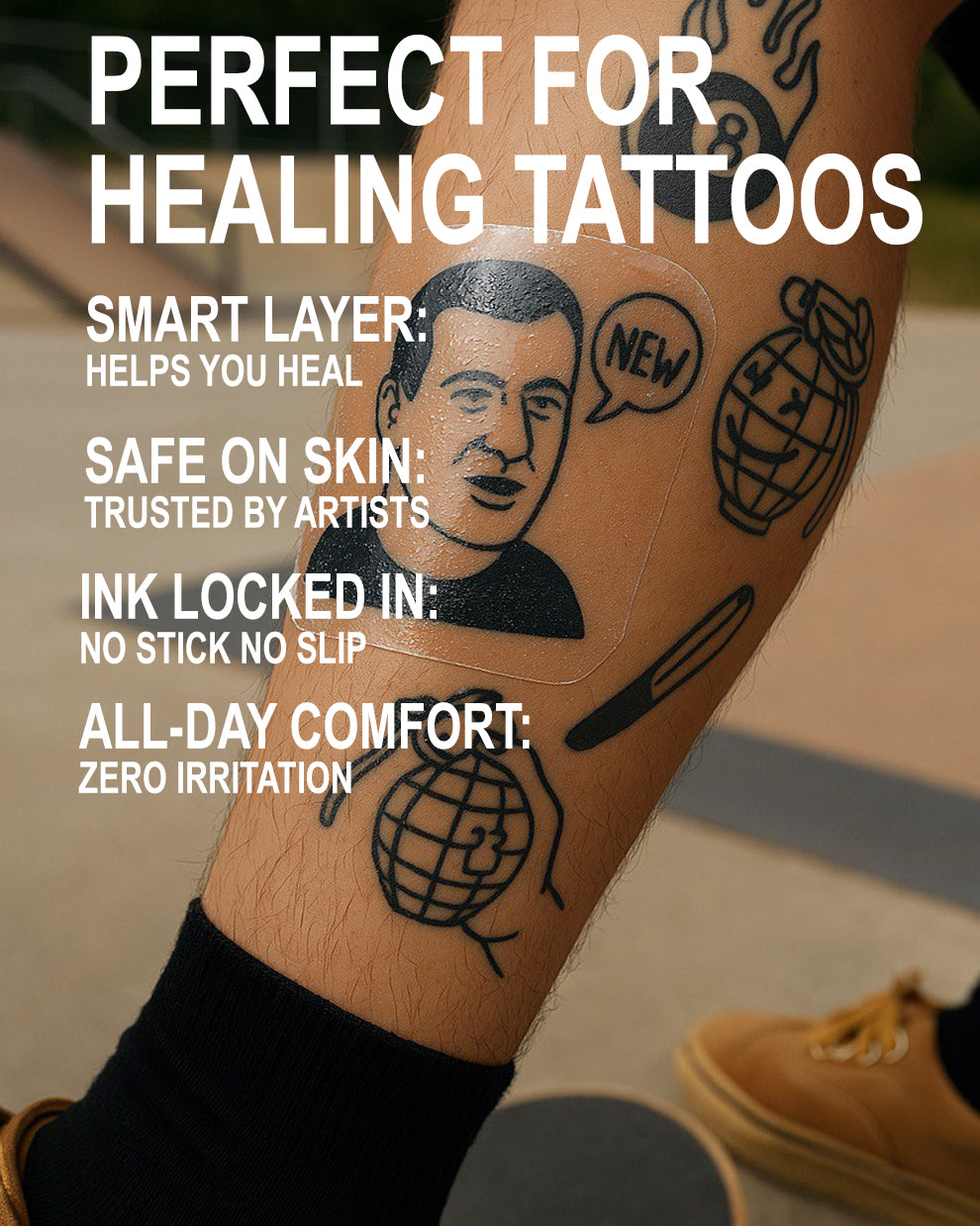 Tattoo aftercare bandage applied on leg – glossy COZ Tattoo Film second skin.