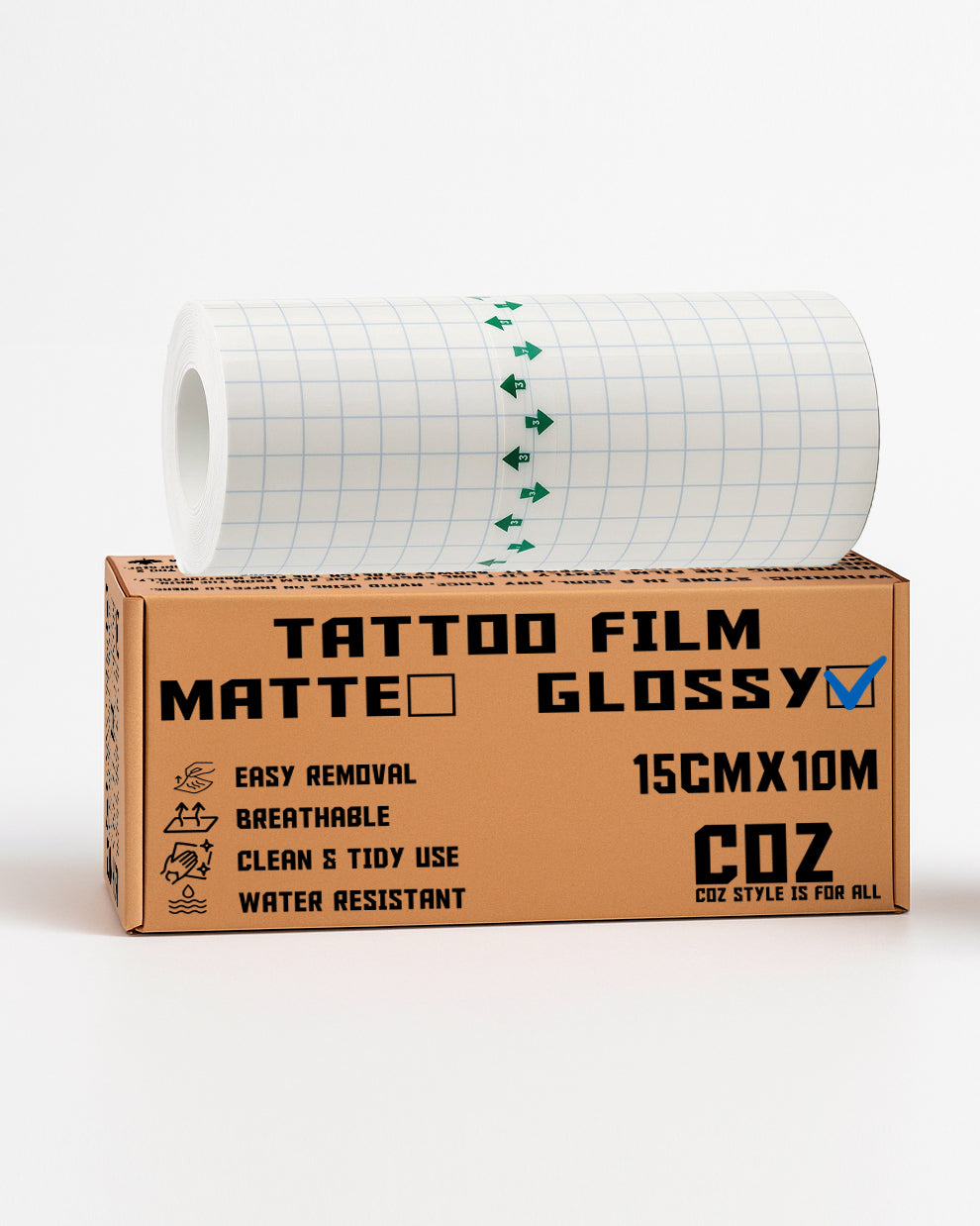 COZ glossy tattoo film 15cm x 10m with blue check mark, waterproof, breathable, easy removal