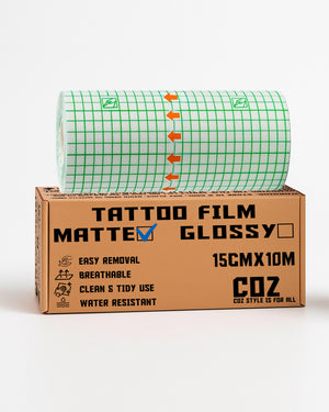 COZ matte tattoo film 15cm x 10m with blue check mark, breathable, waterproof, easy removal
