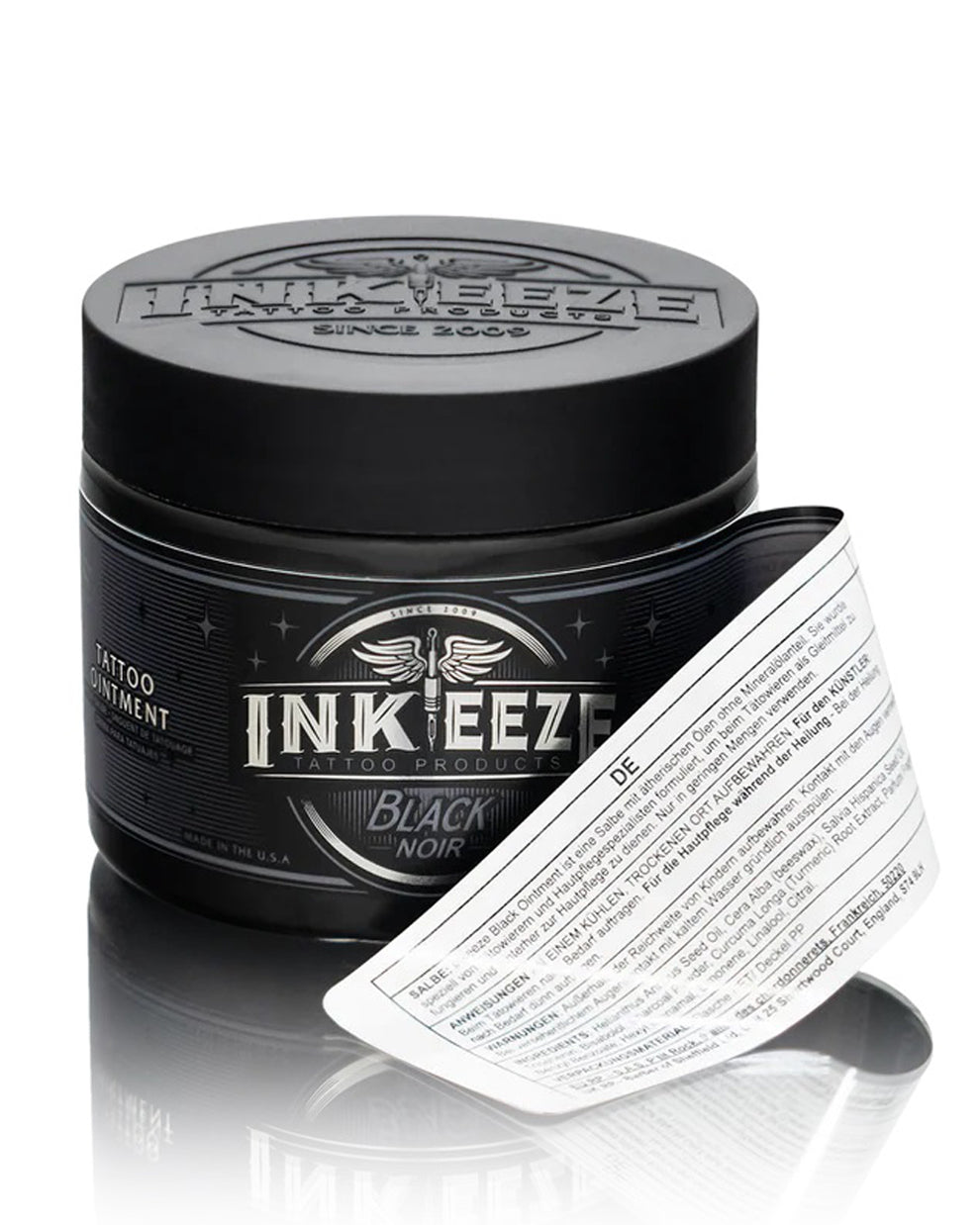 INKEEZE Black Tattoo Ointment 150g with peeled label by COZ Tattoo Supplies Canada, pro tattoo aftercare balm showing ingredients and packaging