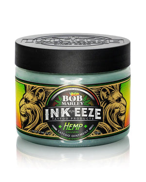 INKEEZE x Bob Marley tattoo ointment 150g hemp based aftercare balm jar front view green label coz tattoo supplies