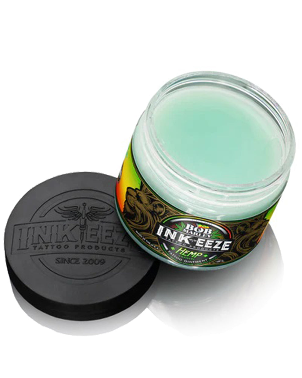 INKEEZE x Bob Marley tattoo ointment 150g open jar showing balm texture hemp tattoo aftercare coz tattoo supplies