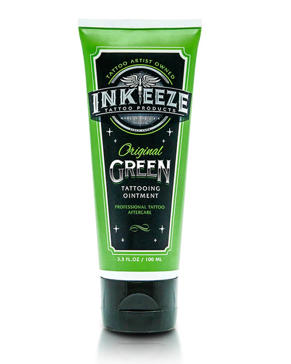 INK-EEZE Green Tattoo Ointment 100ml Tube by COZ Tattoo Supplies Canada — vegan tattoo aftercare cream for soothing and healing fresh tattoos