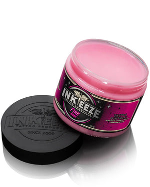 Open jar of INKEEZE Pink Tattoo Ointment 150g by COZ Tattoo Supplies Canada, premium pink rose tattoo aftercare balm showing texture