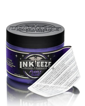 INKEEZE Purple Tattoo Ointment 150g with peeled label by COZ Tattoo Supplies Canada, natural botanical tattoo aftercare balm showing ingredients and packaging