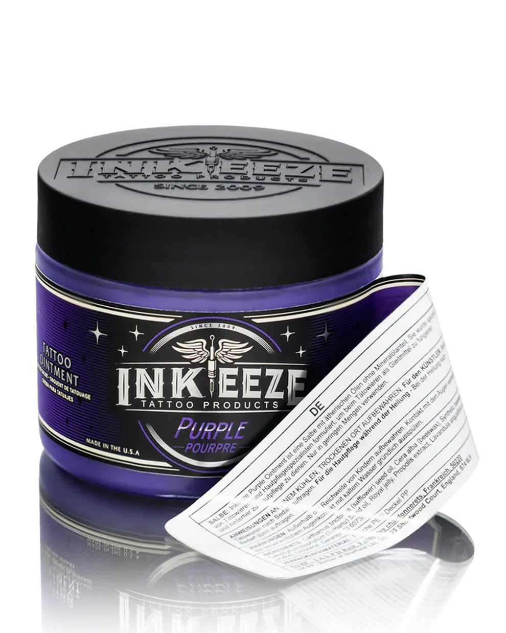 INKEEZE Purple Tattoo Ointment 150g with peeled label by COZ Tattoo Supplies Canada, natural botanical tattoo aftercare balm showing ingredients and packaging