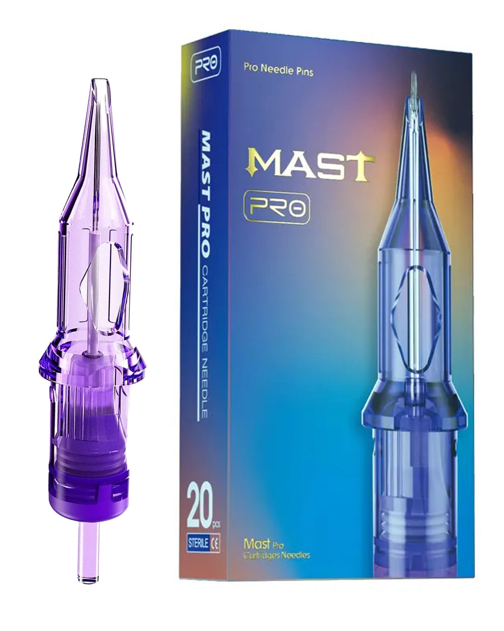 Close-up of Dragonhawk Mast Pro Round Shader Tattoo Cartridge next to retail packaging box – 20pcs professional needle set for tattooing.
