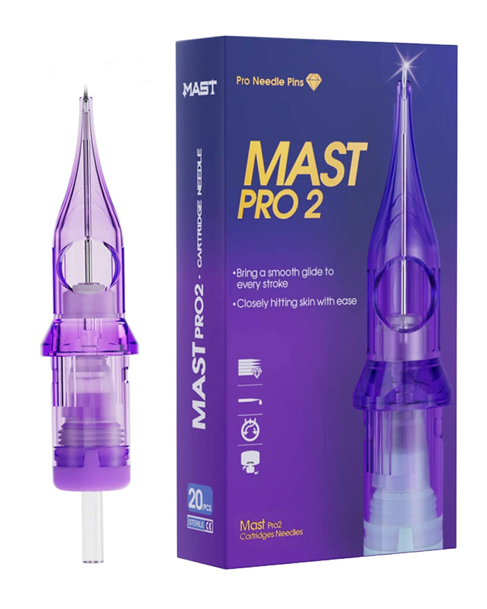 Dragonhawk Mast Pro 2 Round Shader Tattoo Cartridges 20pcs shown with individual purple cartridge and retail box, designed for smooth shading and controlled ink flow, professional tattoo cartridges available at COZ Tattoo Supplies