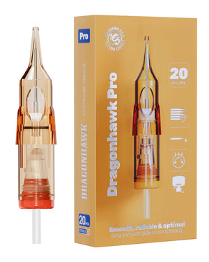 Dragonhawk Pro Round Magnum Tattoo Cartridges 20pcs shown with individual cartridge and retail box, designed for smooth color packing and shading, professional tattoo cartridges available at COZ Tattoo Supplies