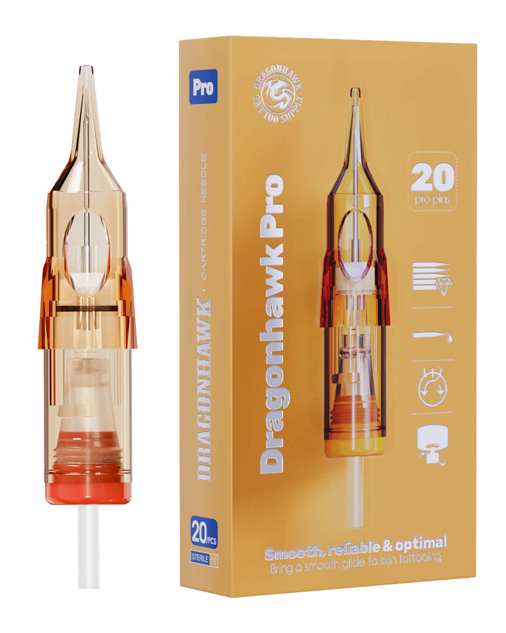 Dragonhawk Pro Round Magnum Tattoo Cartridges 20pcs shown with individual cartridge and retail box, designed for smooth color packing and shading, professional tattoo cartridges available at COZ Tattoo Supplies