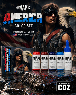 Dynamic America Color Tattoo Ink Set 5 bottles 1oz 30ml each with bottles in front and box behind on patriotic themed background premium tattoo ink set COZ Tattoo Supplies
