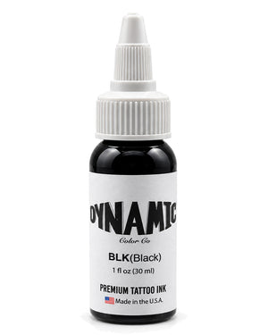 A 1 fl oz (30 ml) bottle of Dynamic Ink Co. BLK(Black) Premium Tattoo Ink, featuring a black bottle, white cap, and a white label with black text.