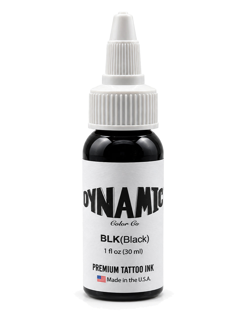 A 1 fl oz (30 ml) bottle of Dynamic Ink Co. BLK(Black) Premium Tattoo Ink, featuring a black bottle, white cap, and a white label with black text.
