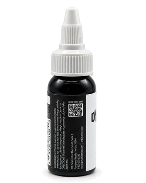 A small black bottle with a white ribbed cap and pointed applicator tip, shown on a plain white background. The bottle has a black-and-white label with text and a QR code.