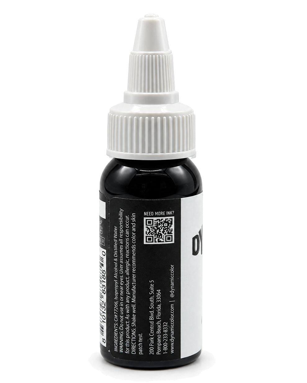 A small black bottle with a white ribbed cap and pointed applicator tip, shown on a plain white background. The bottle has a black-and-white label with text and a QR code.