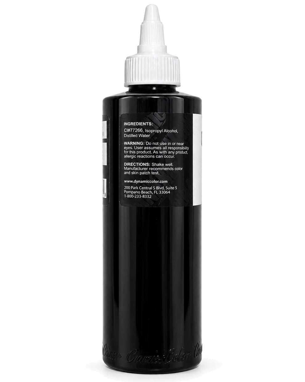 A black plastic squeeze bottle with a white pointed cap, shown from the back on a plain white background. The back of the bottle has a black label with white text listing ingredients and warning information.