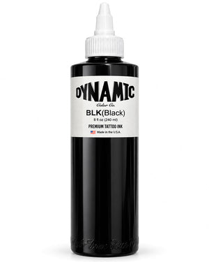 A 8 fl oz (240 ml) bottle of Dynamic Ink Co. BLK(Black) Premium Tattoo Ink, featuring a black bottle, white cap, and a white label with black text.