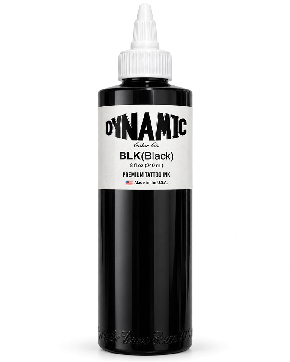 A 8 fl oz (240 ml) bottle of Dynamic Ink Co. BLK(Black) Premium Tattoo Ink, featuring a black bottle, white cap, and a white label with black text.